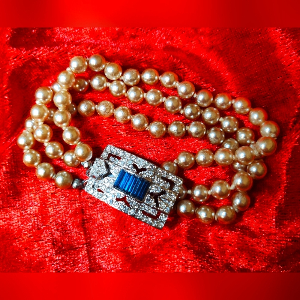 Vintage Kenneth J Lane Faux Glass Pearl Bracelet with Silver & Blue Rhinestones